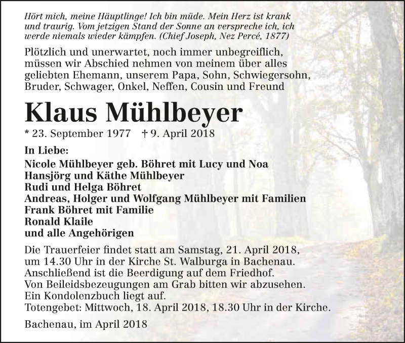  Traueranzeige für Klaus Mühlbeyer vom 18.04.2018 aus 