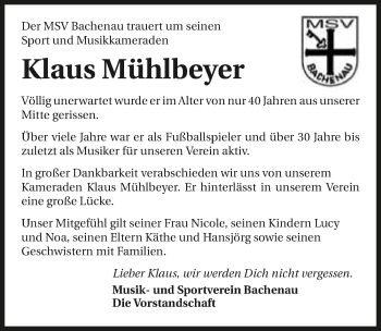 Traueranzeige von Klaus Mühlbeyer 