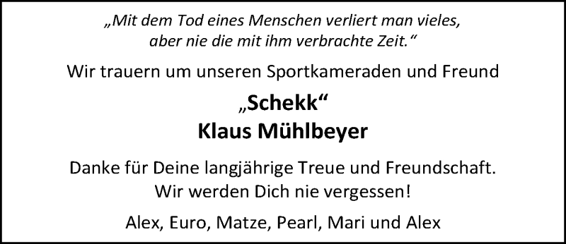  Traueranzeige für Klaus Mühlbeyer vom 18.04.2018 aus 