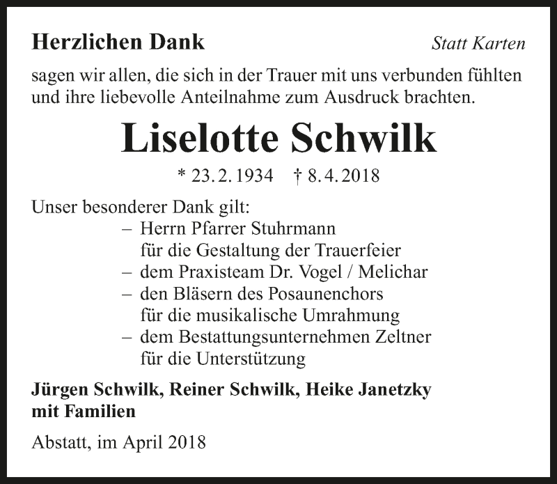  Traueranzeige für Liselotte Schwilk vom 21.04.2018 aus 