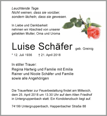 Traueranzeige von Luise Schäfer 