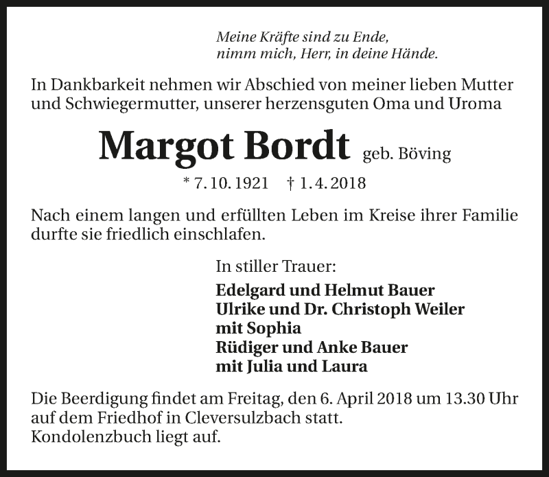  Traueranzeige für Margot Bordt vom 04.04.2018 aus 