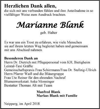 Traueranzeige von Marianne Blank 