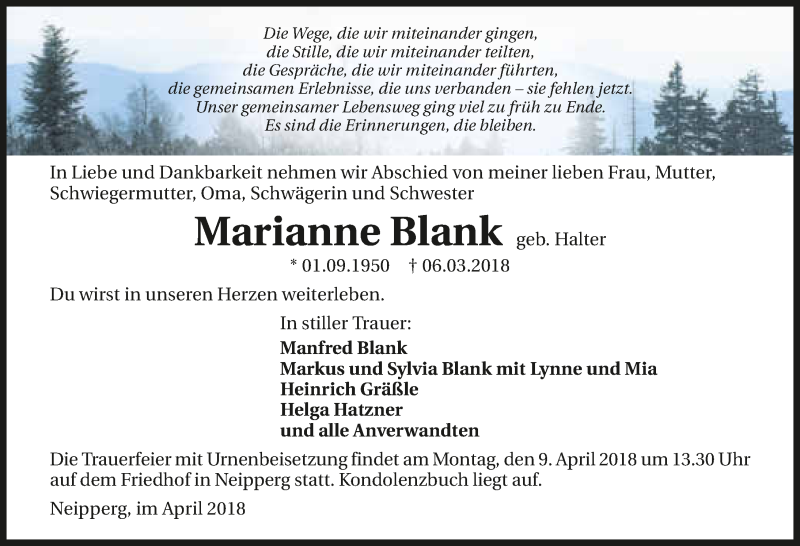  Traueranzeige für Marianne Blank vom 04.04.2018 aus 