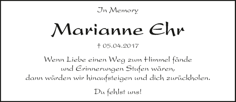  Traueranzeige für Marianne Ehr vom 05.04.2018 aus 