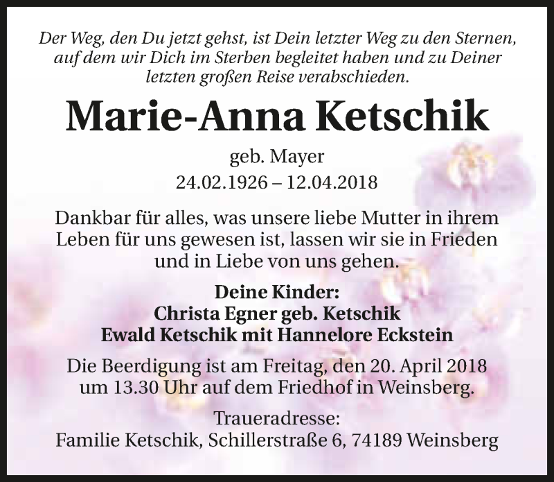  Traueranzeige für Marie-Anna Ketschik vom 18.04.2018 aus 