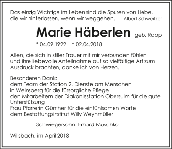 Traueranzeige von Marie Häberlen 