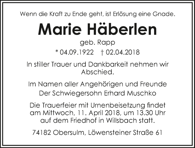 Traueranzeige für Marie Häberlen vom 07.04.2018 aus 