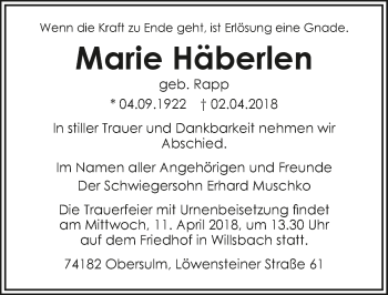 Traueranzeige von Marie Häberlen 