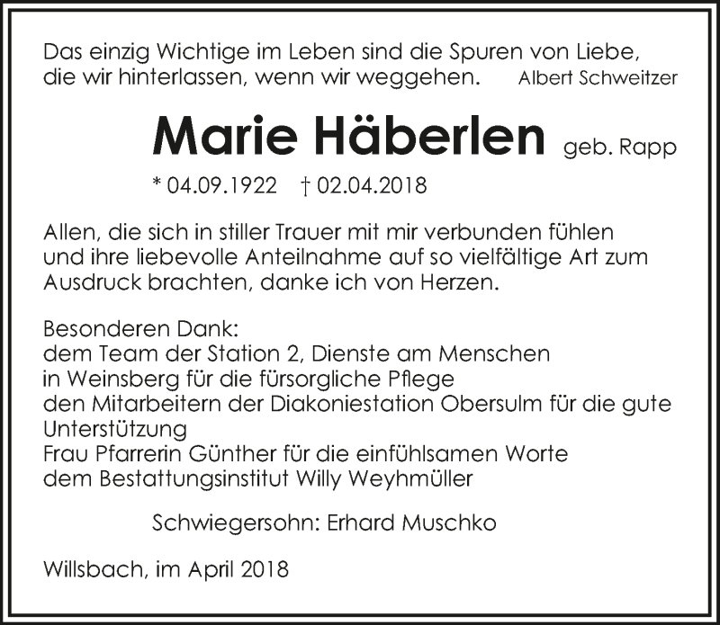  Traueranzeige für Marie Häberlen vom 21.04.2018 aus 