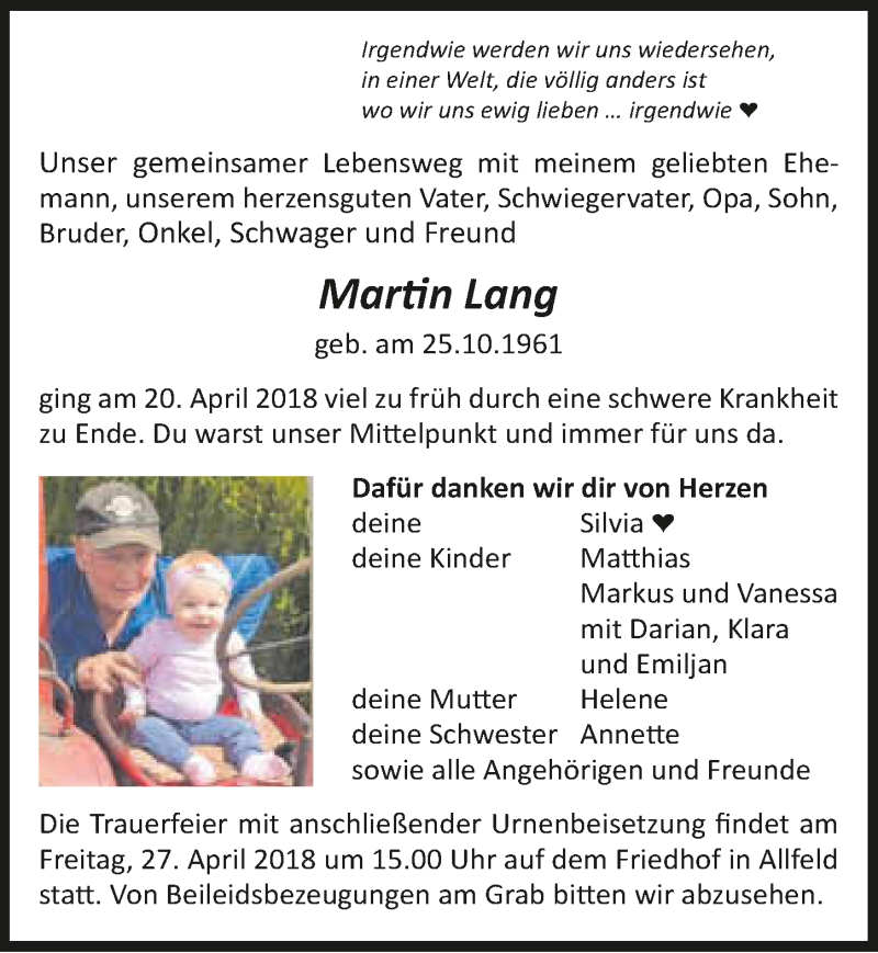  Traueranzeige für Martin Lang vom 25.04.2018 aus 