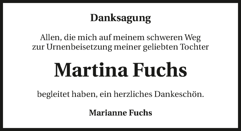  Traueranzeige für Martina Fuchs vom 05.04.2018 aus 