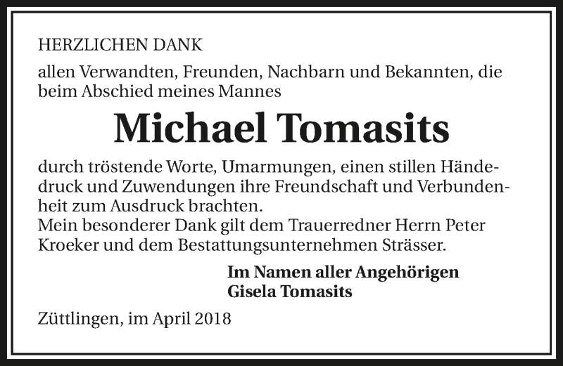  Traueranzeige für Michael Tomasits vom 28.04.2018 aus 