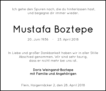 Traueranzeige von Mustafa Boztepe 