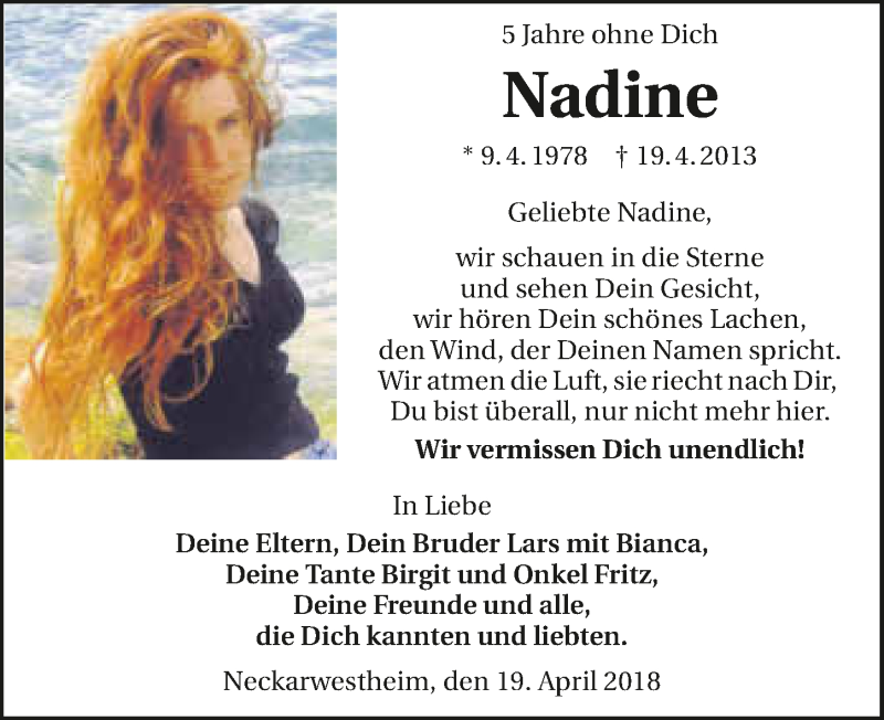  Traueranzeige für Nadine  vom 19.04.2018 aus 