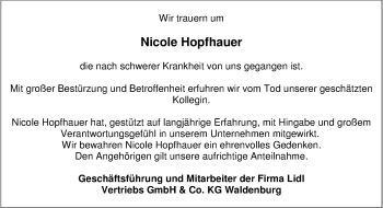 Traueranzeige von Nicole Hopfauer 