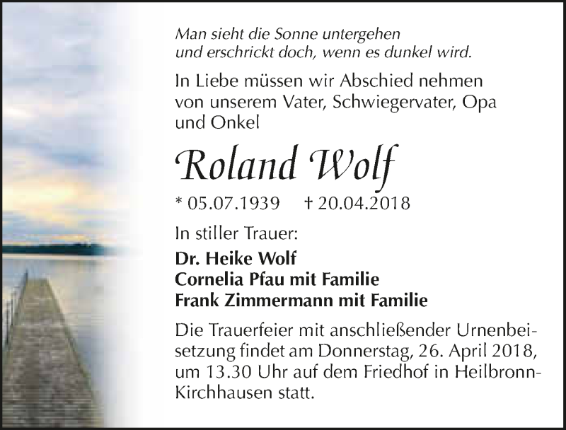  Traueranzeige für Roland Wolf vom 25.04.2018 aus 