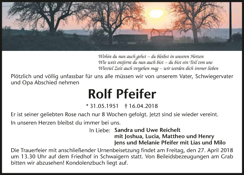  Traueranzeige für Rolf Pfeifer vom 24.04.2018 aus 
