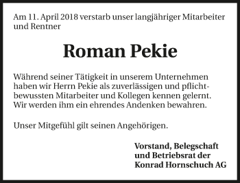 Traueranzeige von Roman Pekie 