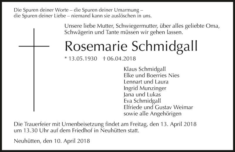  Traueranzeige für Rosemarie Schmidgall vom 10.04.2018 aus 