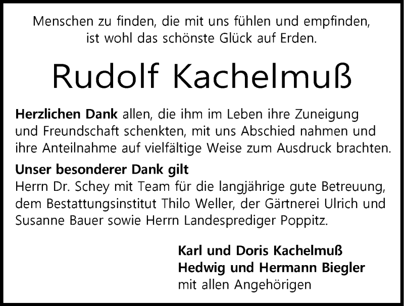  Traueranzeige für Rudolf Kachelmuß vom 14.04.2018 aus 