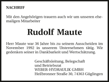 Traueranzeige von Rudolf Maute 