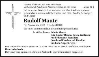 Traueranzeige von Rudolf Maute 