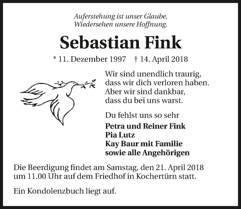  Traueranzeige für Sebastian Fink vom 20.04.2018 aus 