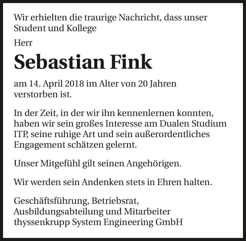  Traueranzeige für Sebastian Fink vom 20.04.2018 aus 
