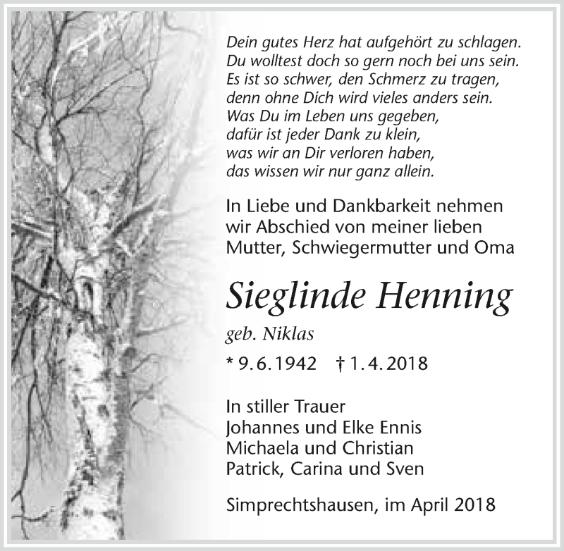  Traueranzeige für Sieglinde Henning vom 04.04.2018 aus 