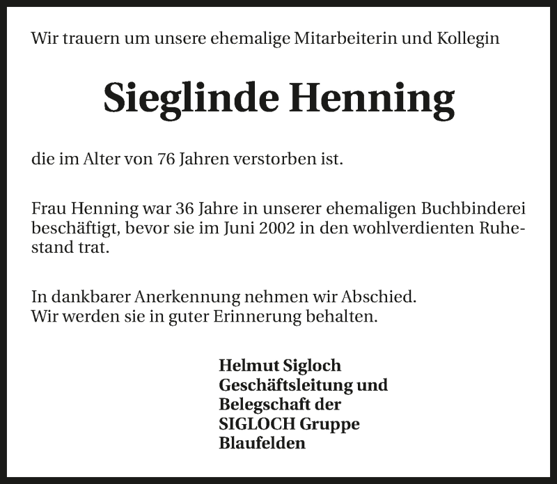  Traueranzeige für Sieglinde Henning vom 06.04.2018 aus 