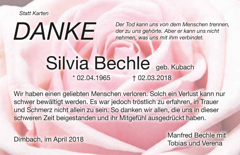  Traueranzeige für Silvia Bechle vom 04.04.2018 aus 