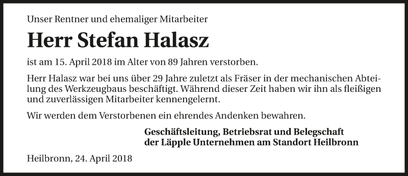  Traueranzeige für Stefan Halasz vom 24.04.2018 aus 