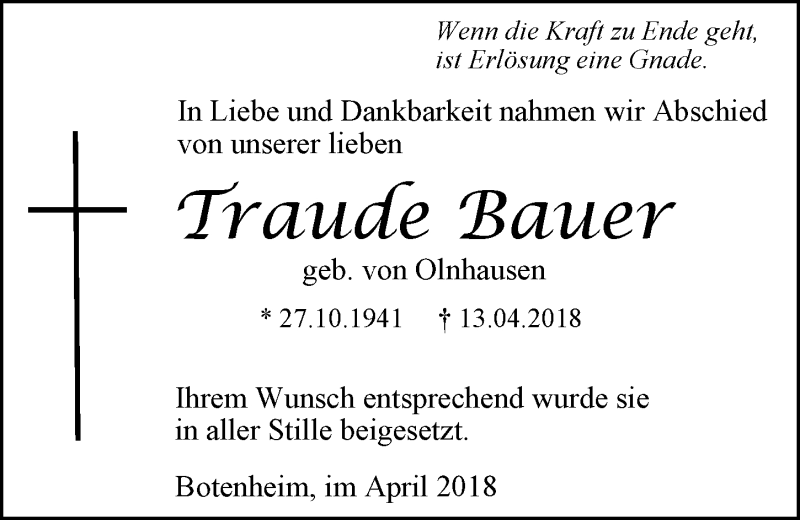  Traueranzeige für Traude Bauer vom 27.04.2018 aus 