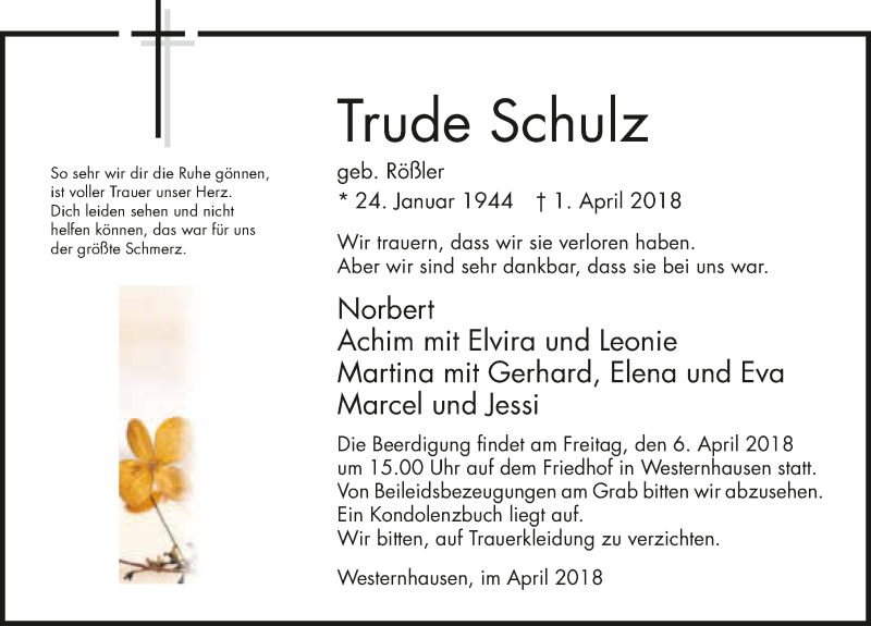  Traueranzeige für Trude Schulz vom 05.04.2018 aus 
