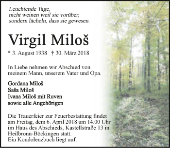 Traueranzeige von Virgil Milos 