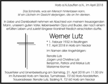 Traueranzeige von Werner Lutz 