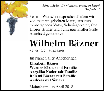 Traueranzeige von Wilhelm Bäzner 