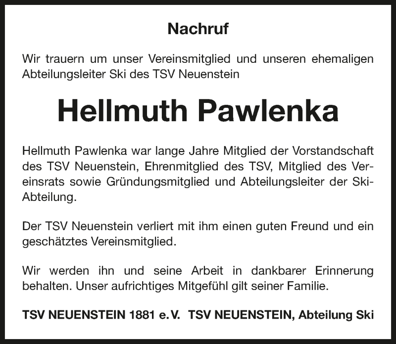  Traueranzeige für Hellmuth Pawlenka vom 26.04.2018 aus 