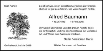 Traueranzeige von Alfred Baumann 