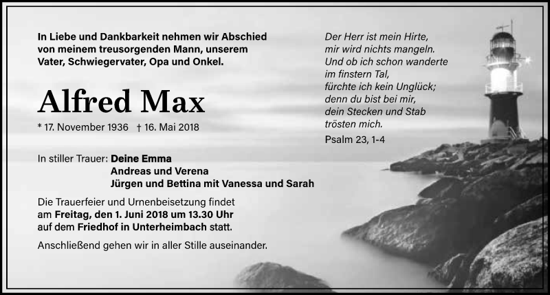  Traueranzeige für Alfred Max vom 26.05.2018 aus 