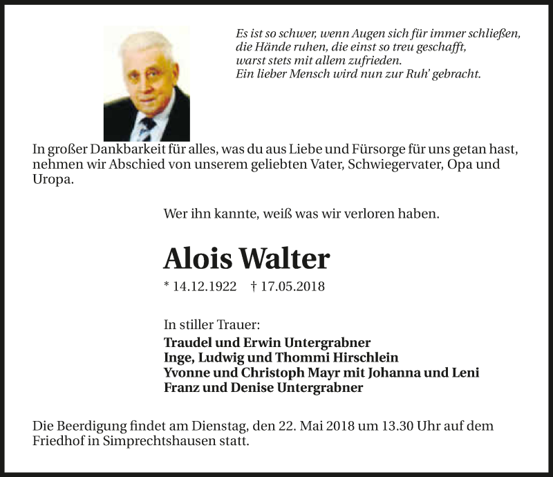  Traueranzeige für Alois Walter vom 19.05.2018 aus 