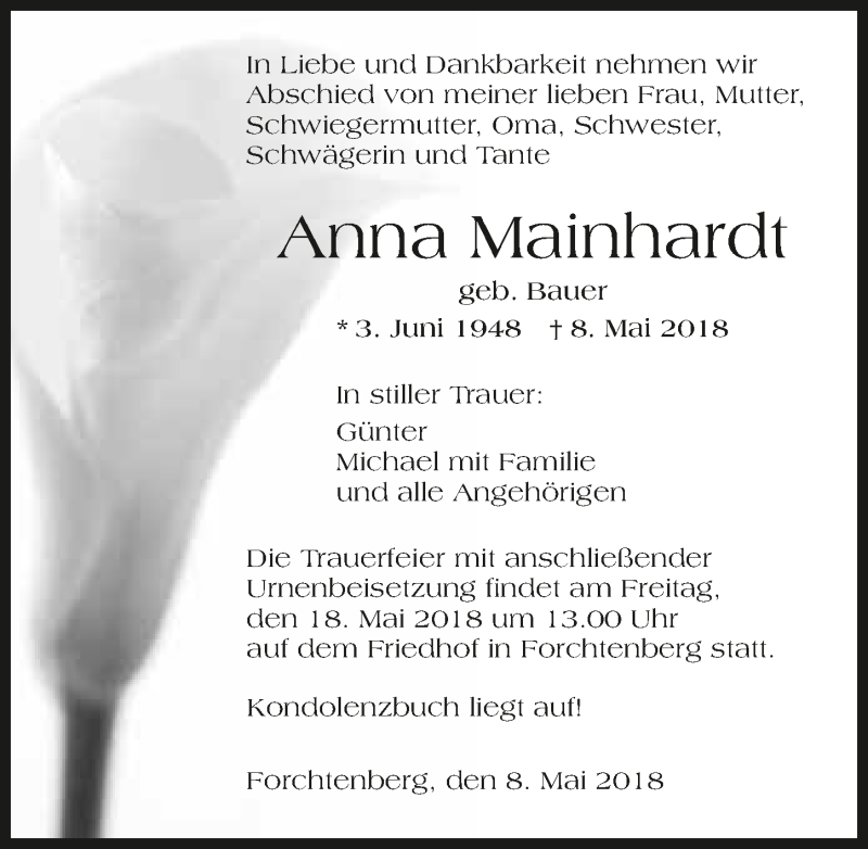  Traueranzeige für Anna Mainhardt vom 15.05.2018 aus 