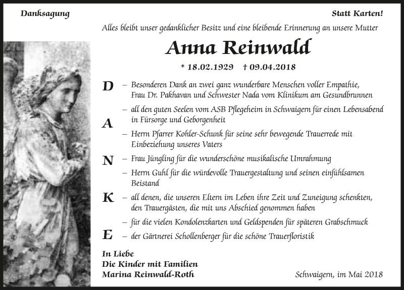  Traueranzeige für Anna Reinwald vom 05.05.2018 aus 