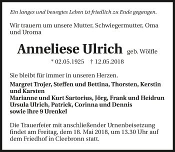 Traueranzeige von Anneliese Ulrich 