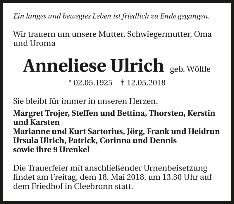  Traueranzeige für Anneliese Ulrich vom 15.05.2018 aus 