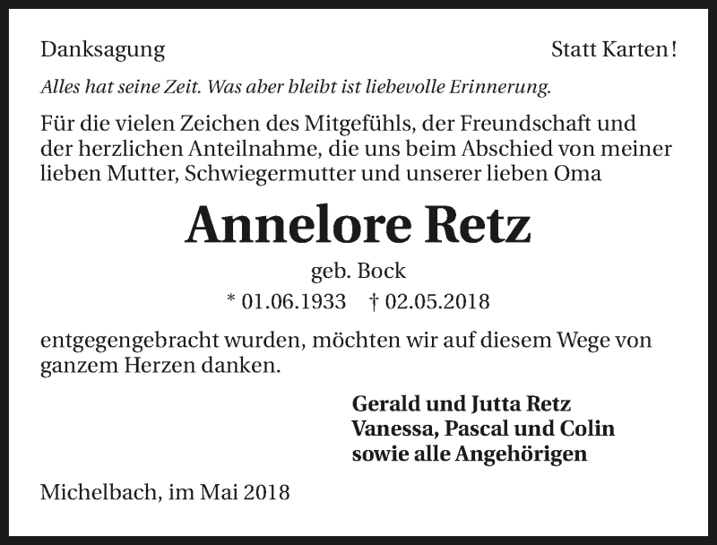  Traueranzeige für Annelore Retz vom 26.05.2018 aus 