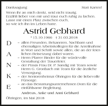 Traueranzeige von Astrid Gebhard 