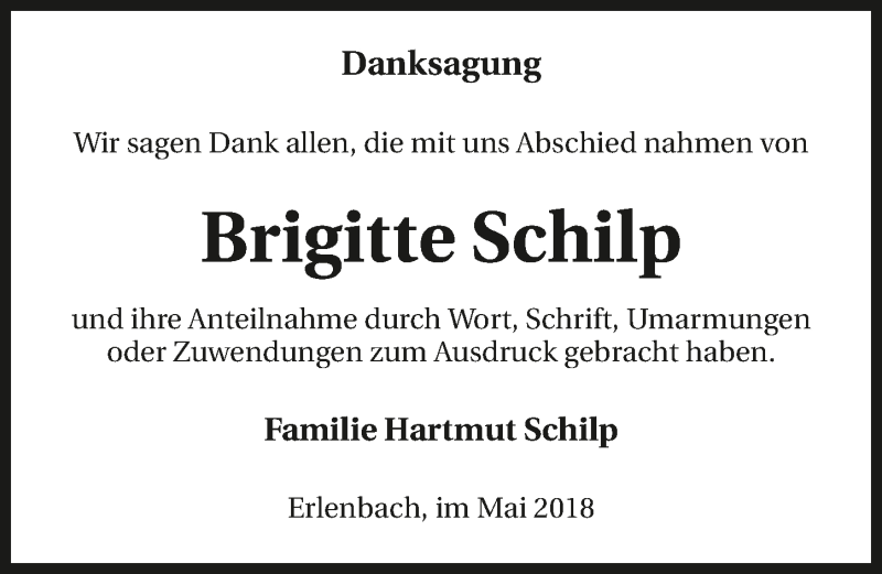  Traueranzeige für Brigitte Schilp vom 23.05.2018 aus 