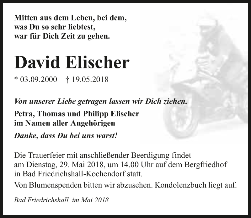  Traueranzeige für David Elischer vom 25.05.2018 aus 